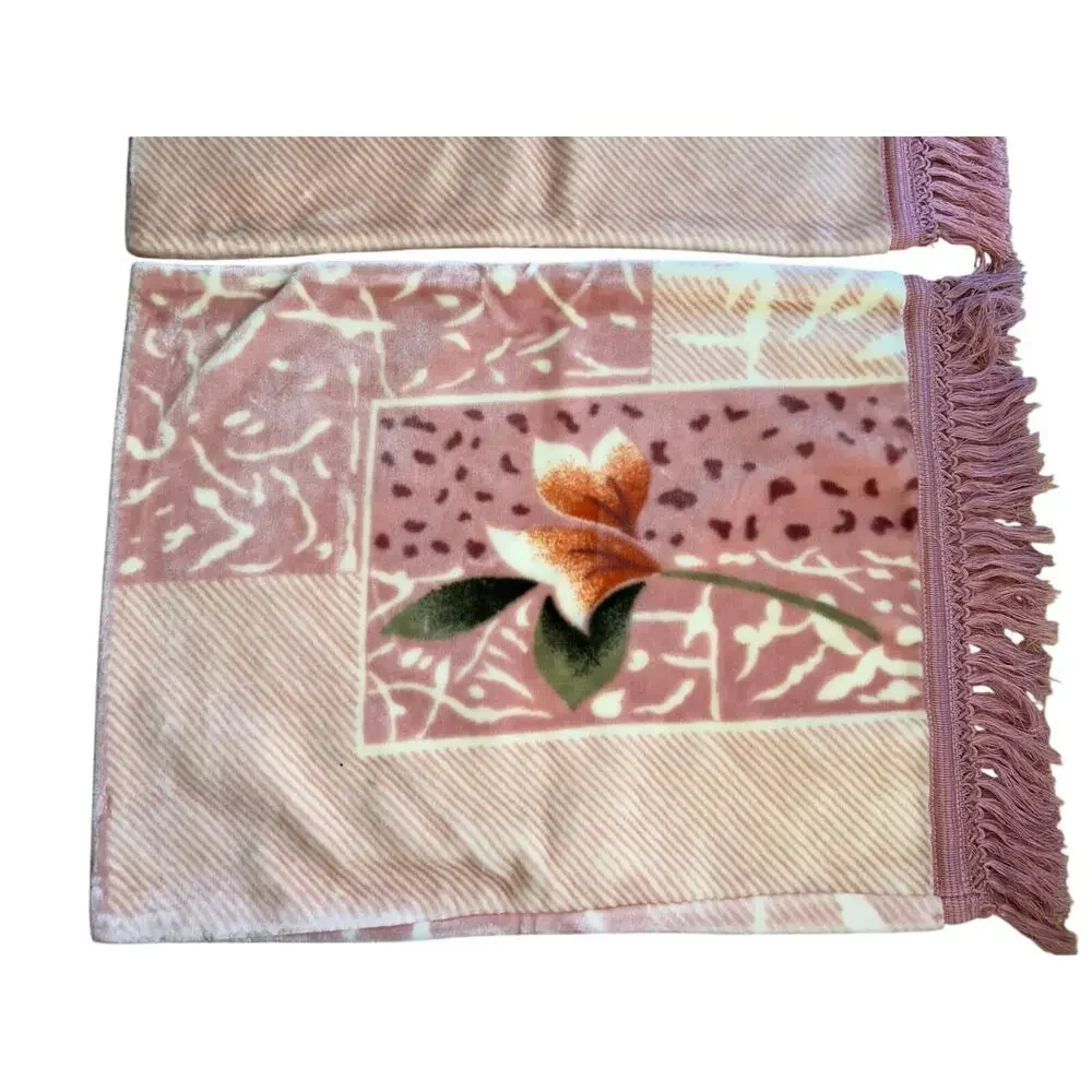 2 Vintage Korean minky blanket pillow shams fringe pink roses